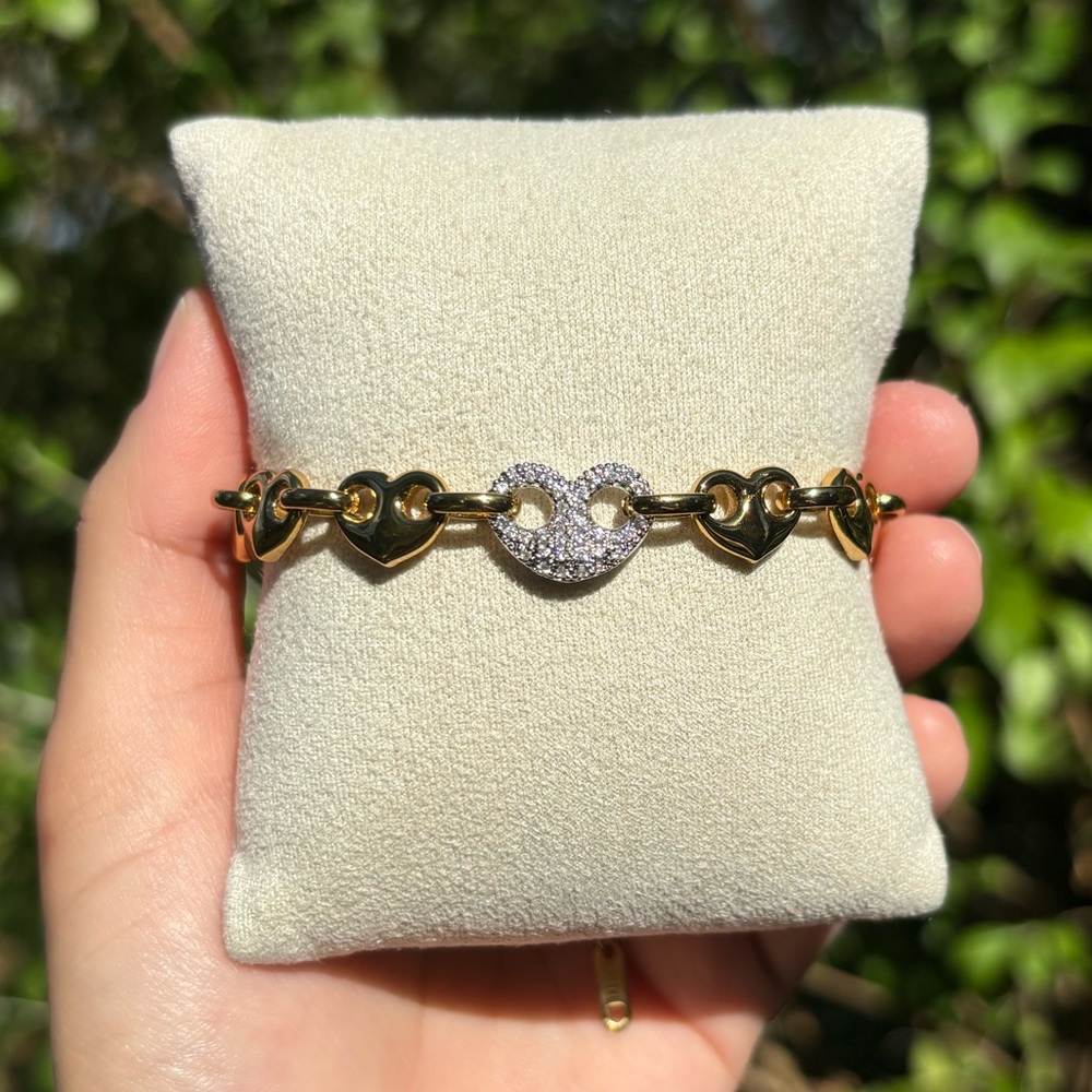 18K Gold Plated Stainless Steel Silver Diamond Heart Adjustable Bracelet